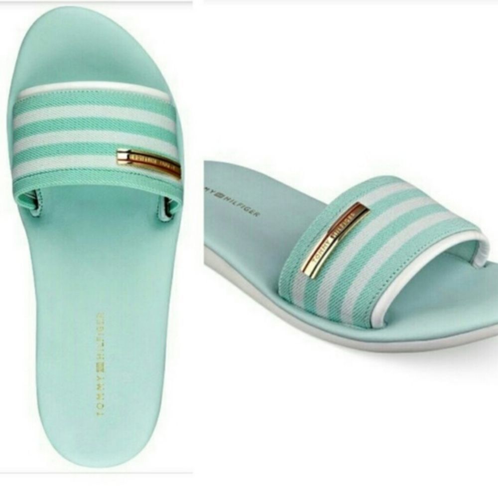 TOMMY Hilfiger Pascal Open Toe Aqua Striped Slides